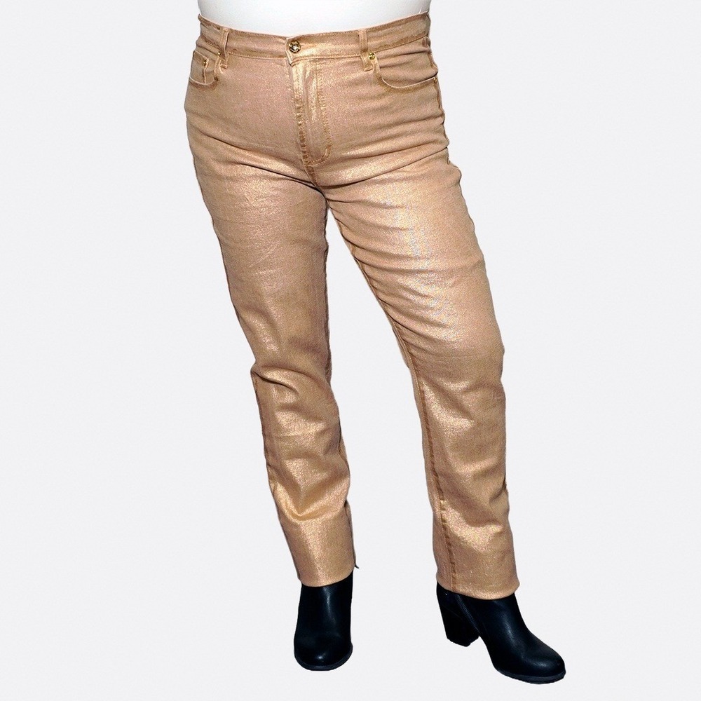 Diane‎ Gilman Gold Metallic Stretch Skinny Jeans L XL 1X 12 14 Tall-Friendly